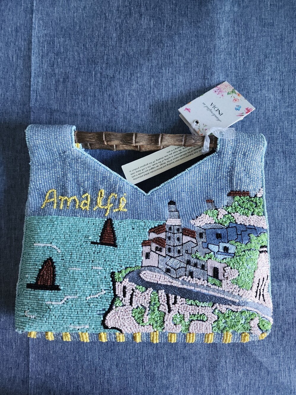 Georgous Amalfi Coast Beaded Clutch Bag - Sky Blue Striped Viral New With Tag - Picture 2 of 11